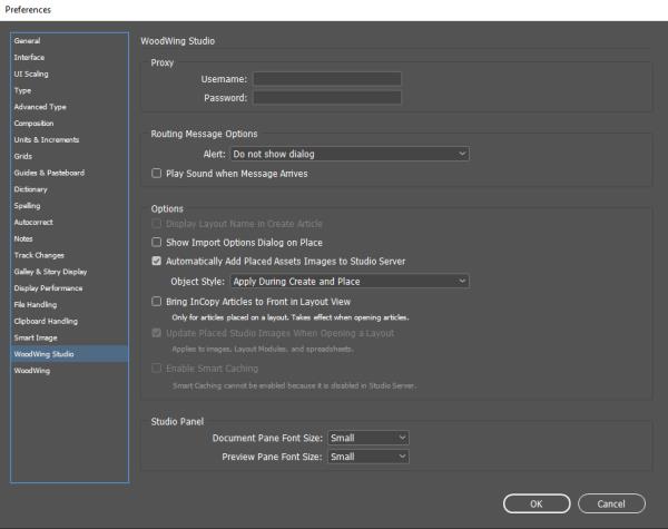 The WoodWing Studio preferences for InCopy.