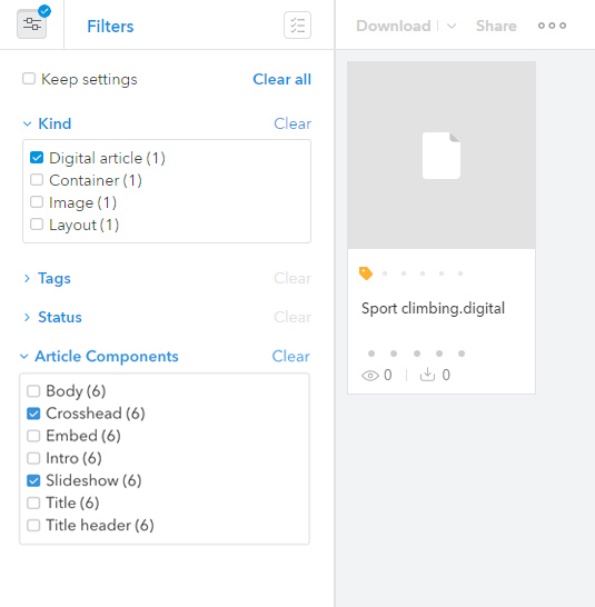 Filtering Digital articles based on the components they contain.