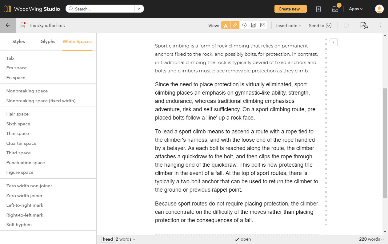 Adding white spaces using the White Spaces panel