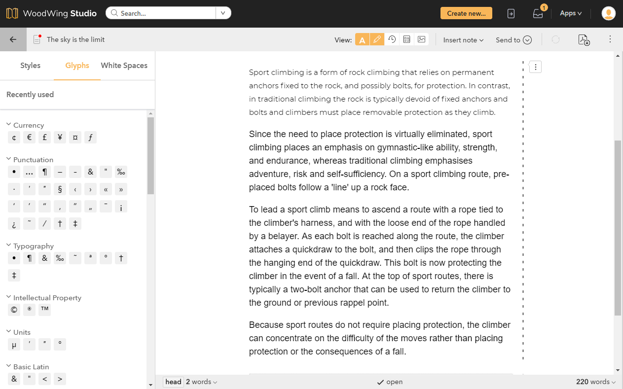 Adding glyphs using the Glyphs panel