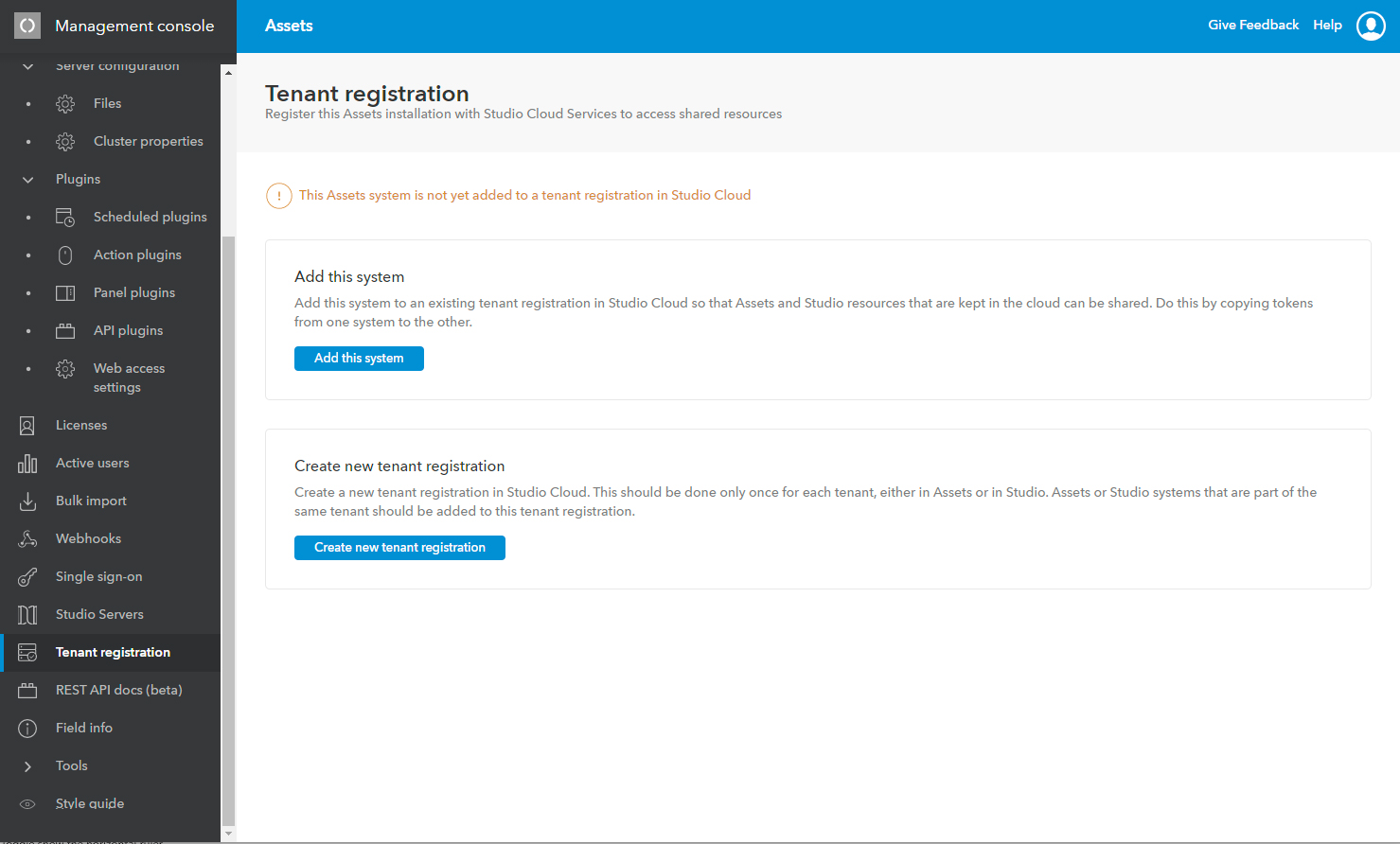 The Tenant registration page in the Management Console of Assets Server