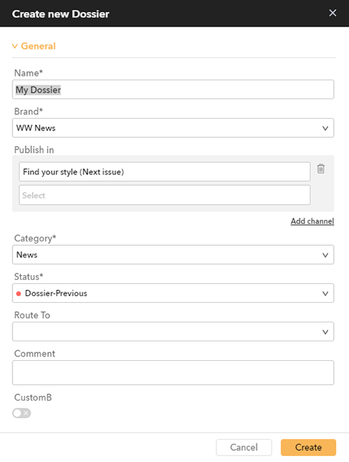 The Create New Dossier dialog