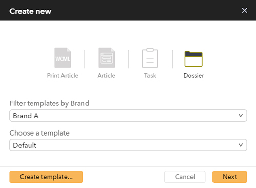 The Create New dialog