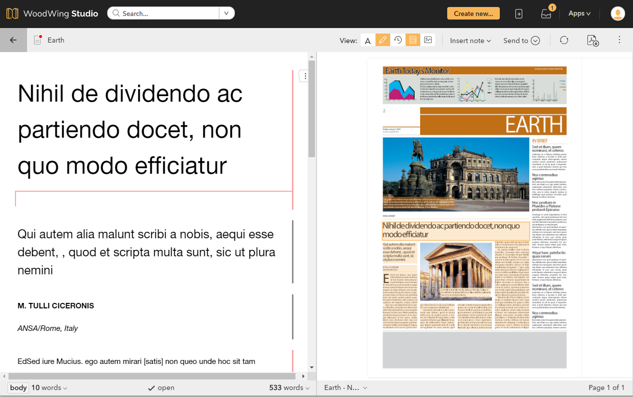 The layout preview in the text editor