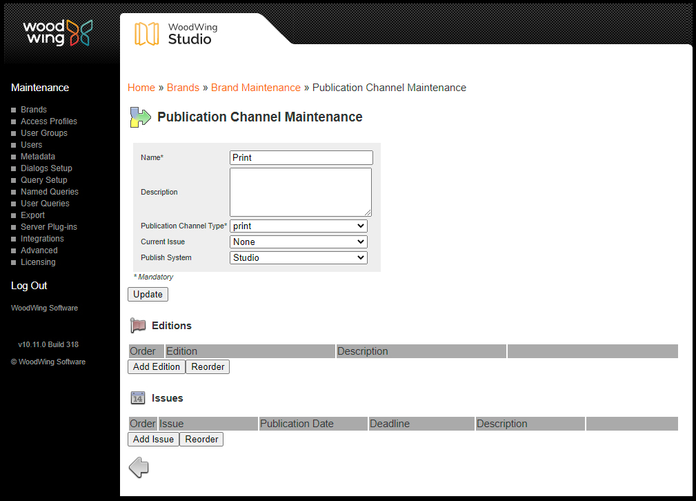 The Editions and Issues section on the Publication Channel page