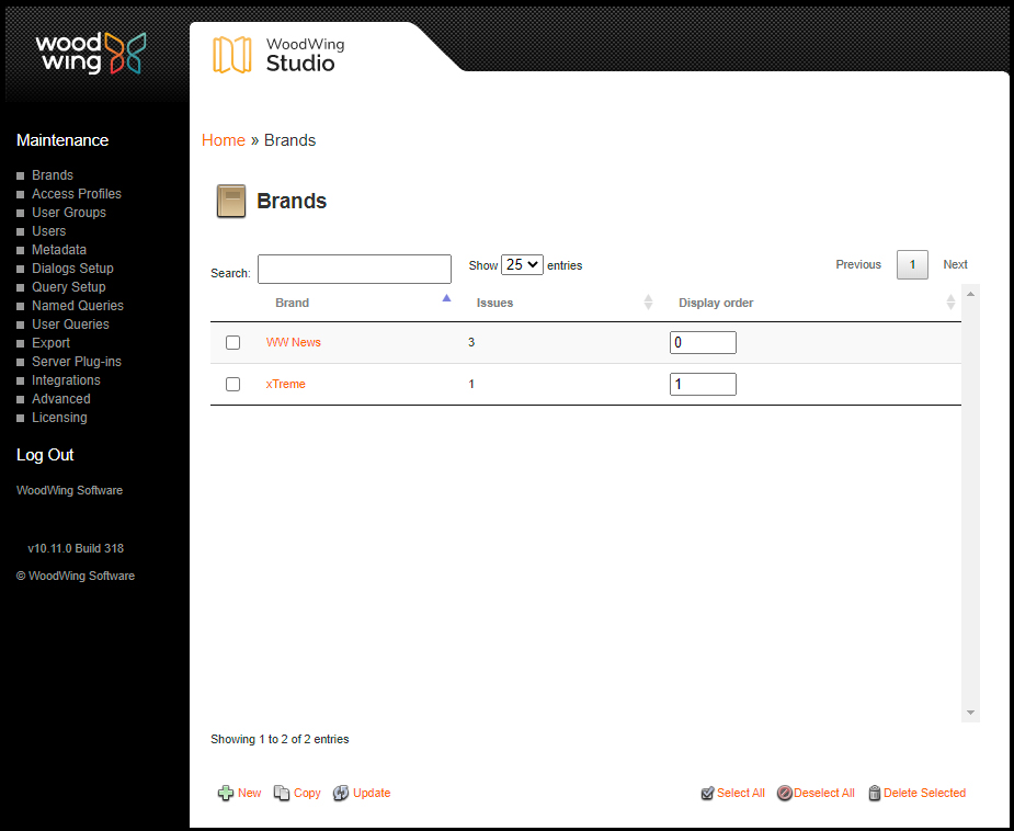 The Brands overview page