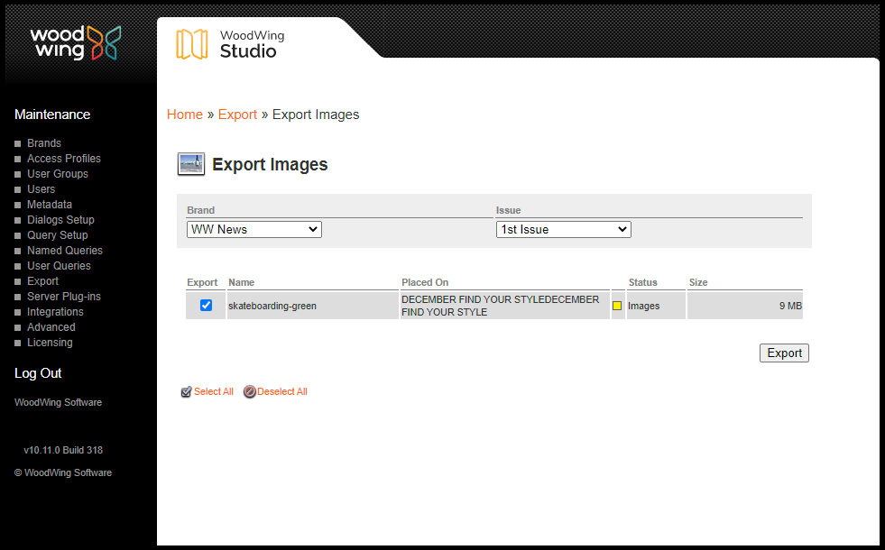 The export page for images
