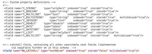 The Custom Property Definition section of the schema.xml file
