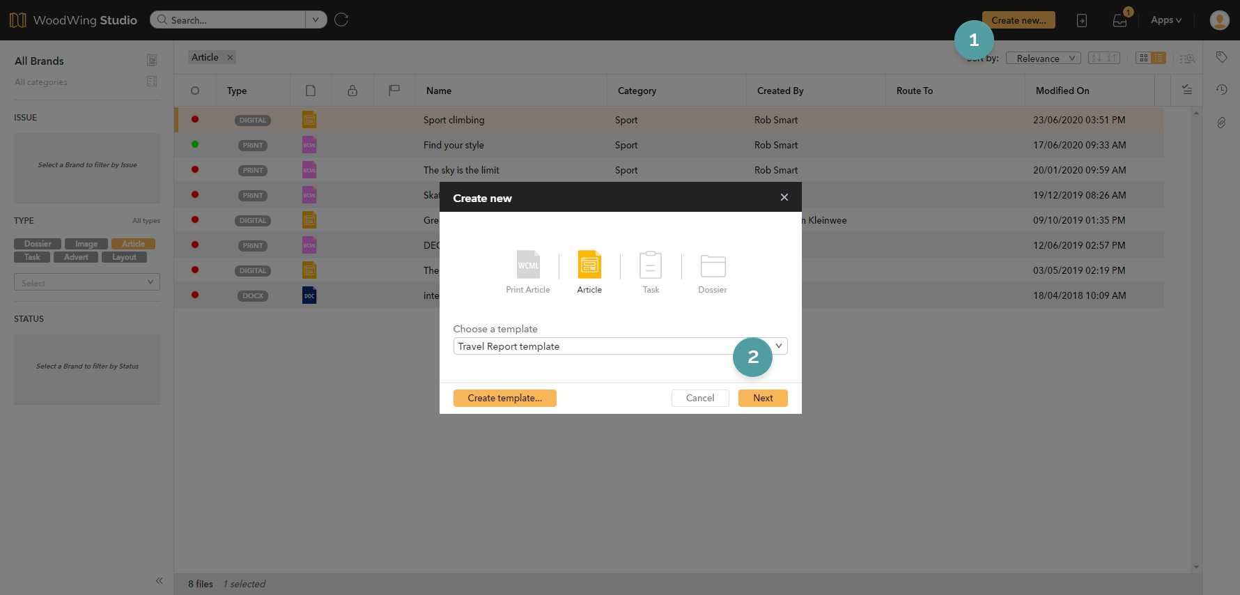 Creating a new article, steps 1 and 2