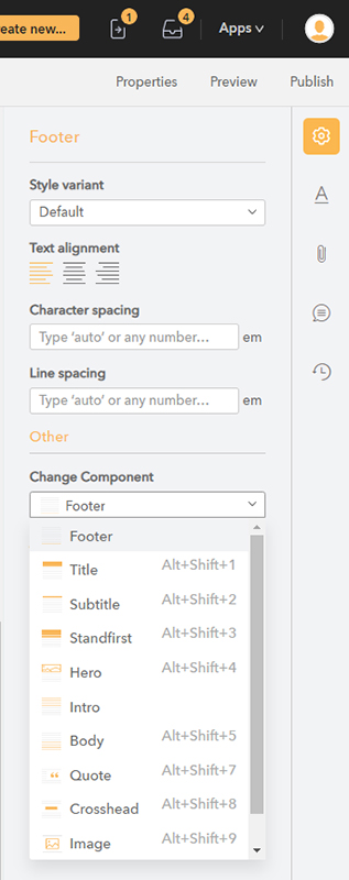The Change Component option in the Properties panel