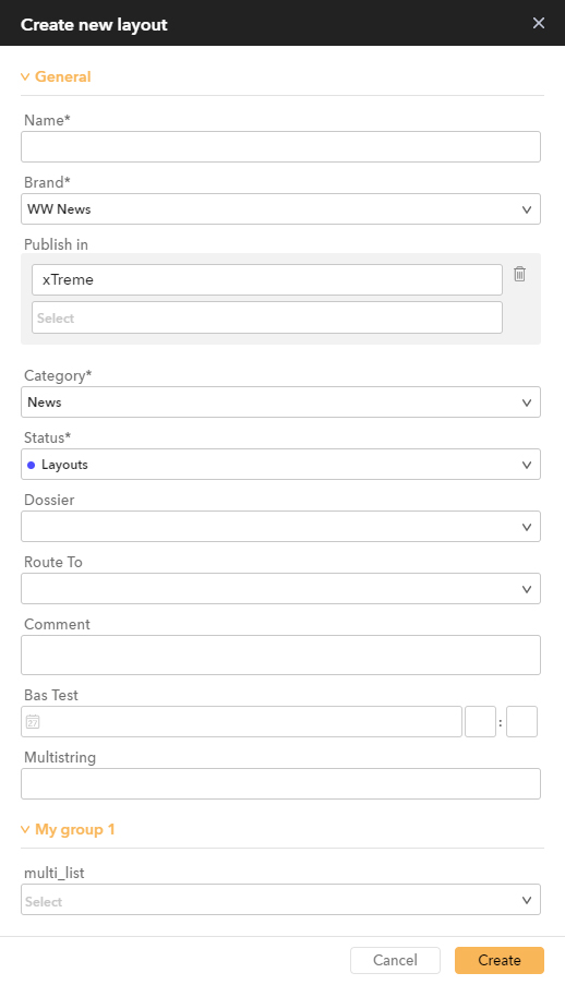 The layout properties dialog