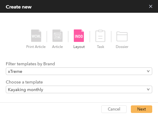 The Create New dialog