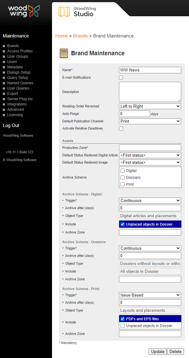The Archiving options on the Brand Maintenance page