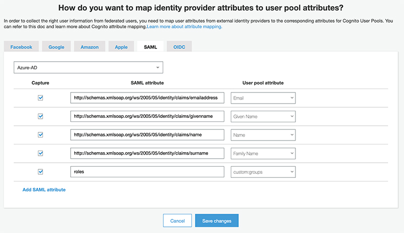 Setting up SAML attributes.