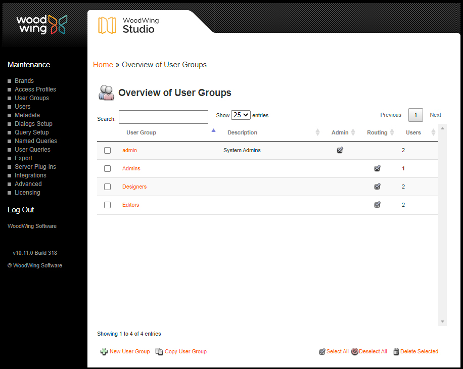 The Overview of User Groups Maintenance page