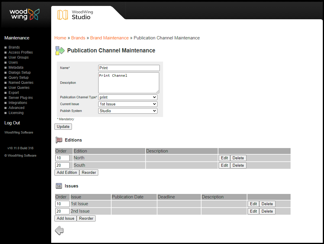 The Maintenance page of a Publication Channel of type Print