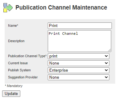 The settings for a Publication Channel of type Print