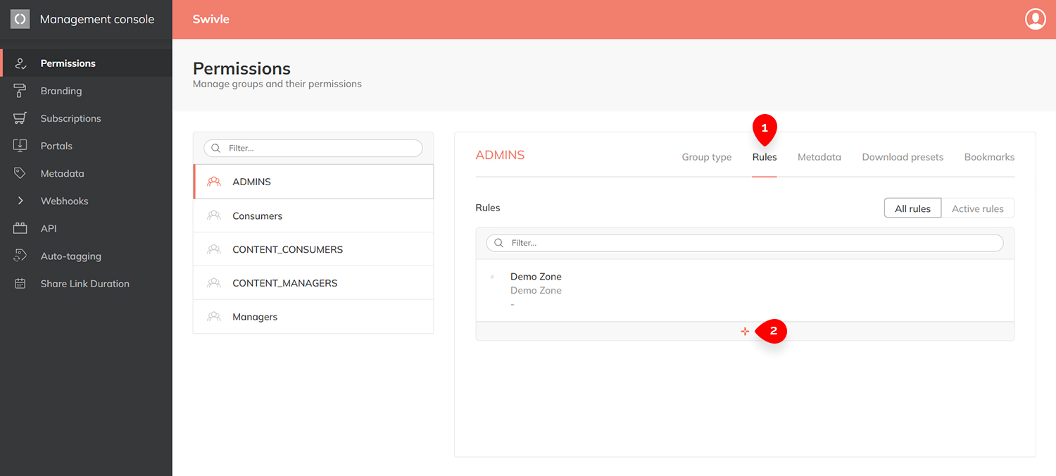The Rules tab and the Add Rule button on the Groups page in the Management Console