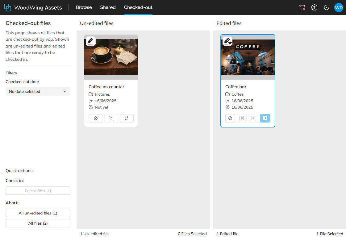 Files that have been checked out can be managed on the Checked-out files page