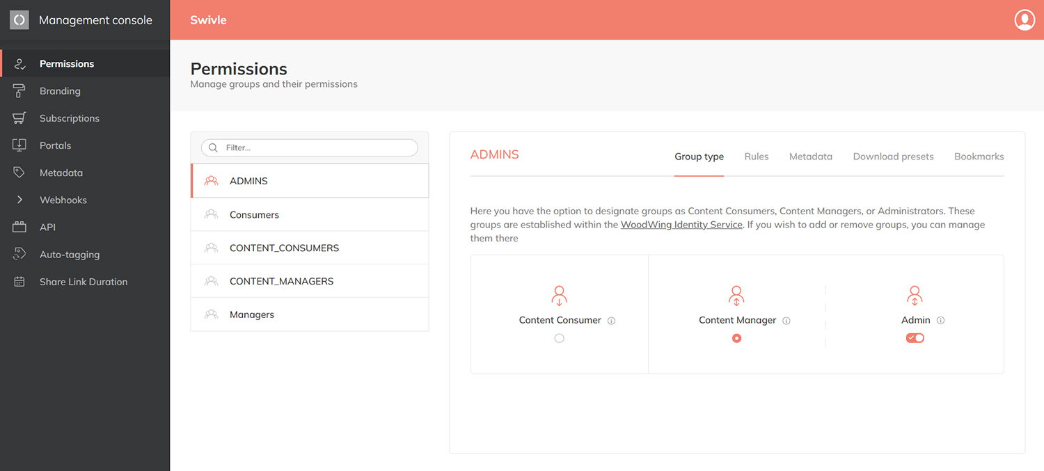 The Groups page in the Management Console