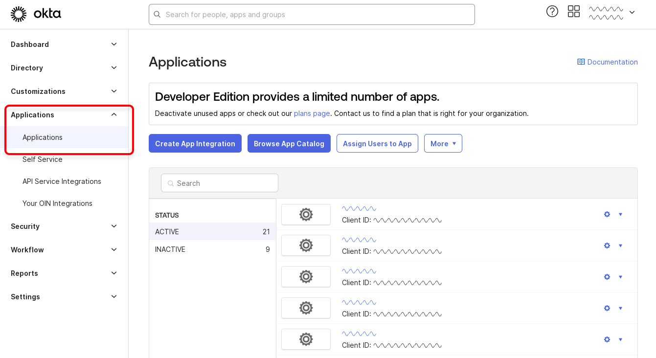 The Applications page in Okta