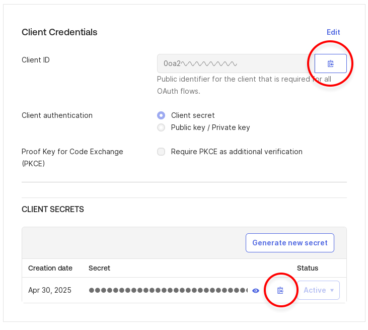 The Client credentials settings