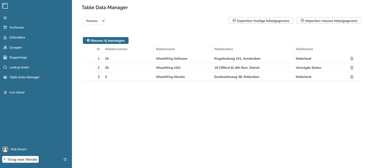 De pagina Table Data  Manager