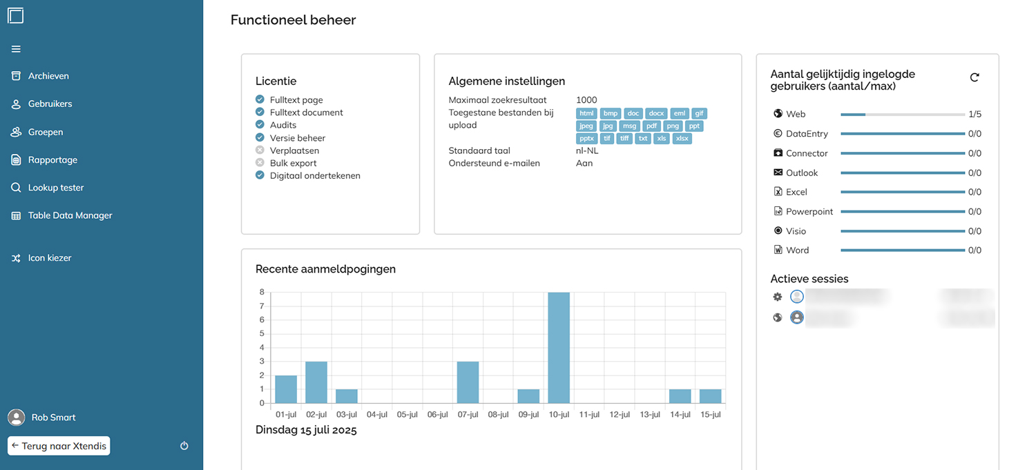 De Startpagina in het onderdeel Functioneel beheer van Xtendis