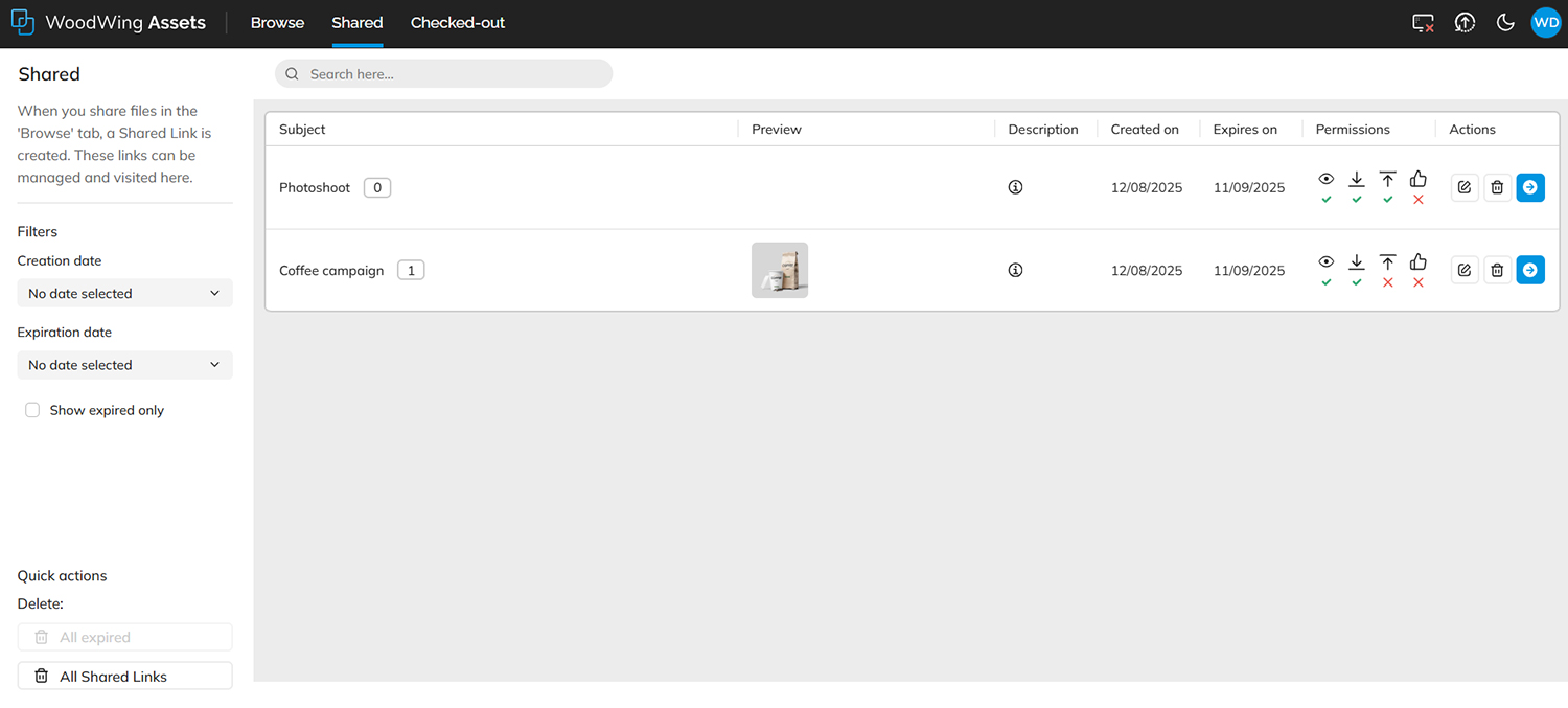 Managing Shared Links on the Shared Links page