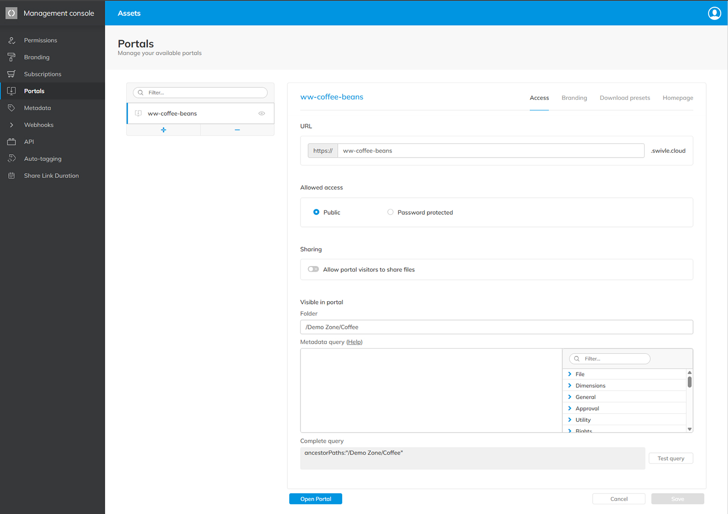 The Portals page in the Management Console