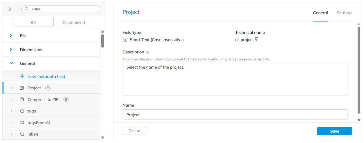 The General tab of a custom field named Project