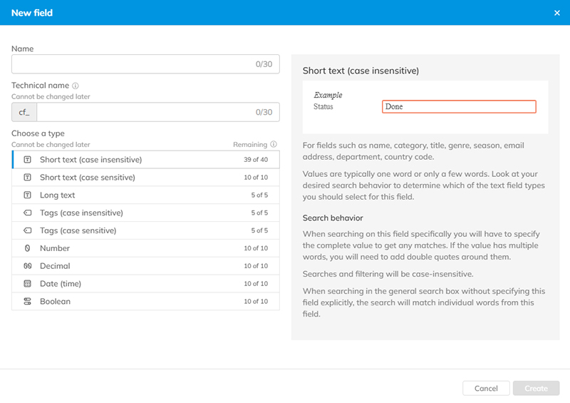 The New field dialog
