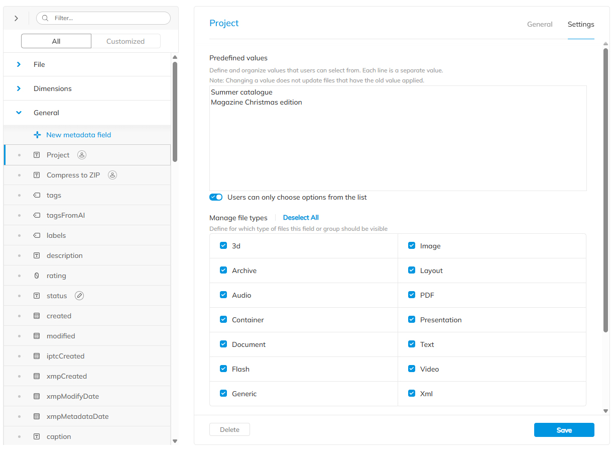 The Settings tab of a custom field named Project