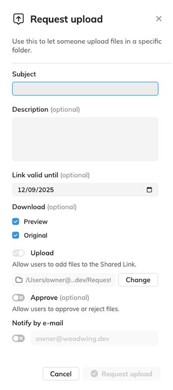 The page for creating a Shared Link