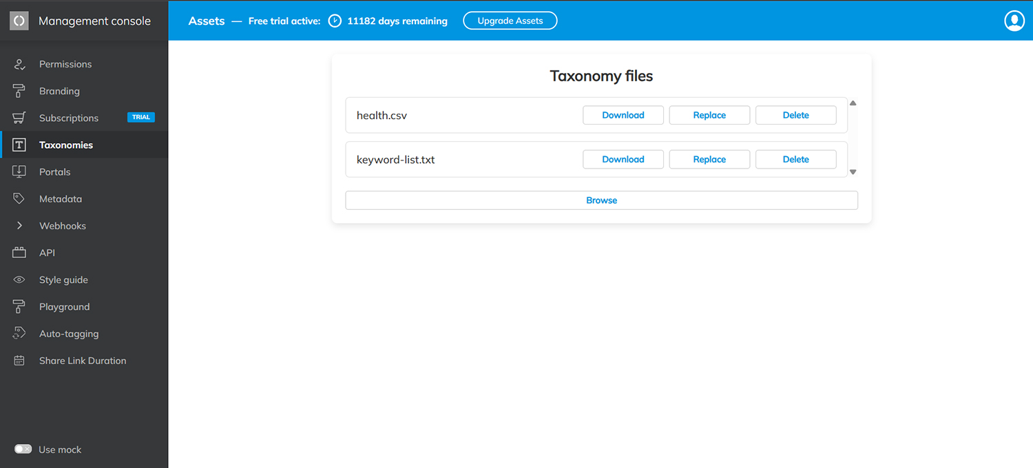 The Taxonomies page in the Management Console