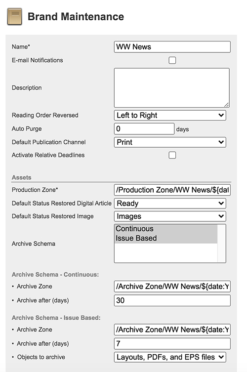 The Archive Schema options on the Brand Maintenance page
