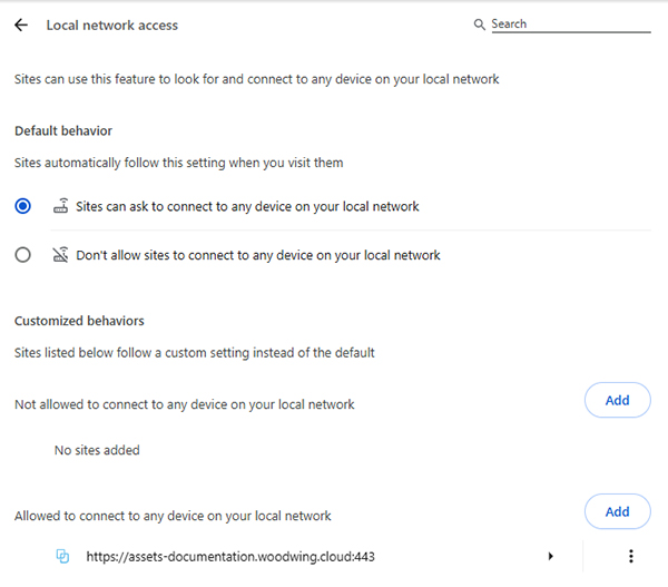 The Local network settings in Google Chrome