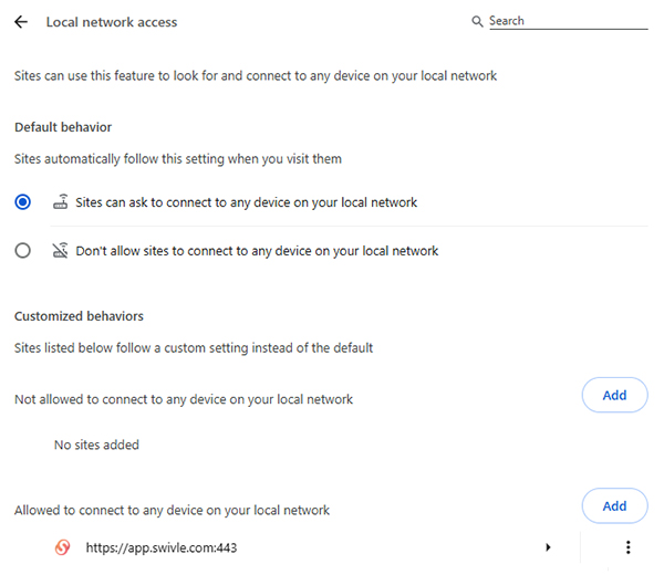 The Local network settings in Google Chrome