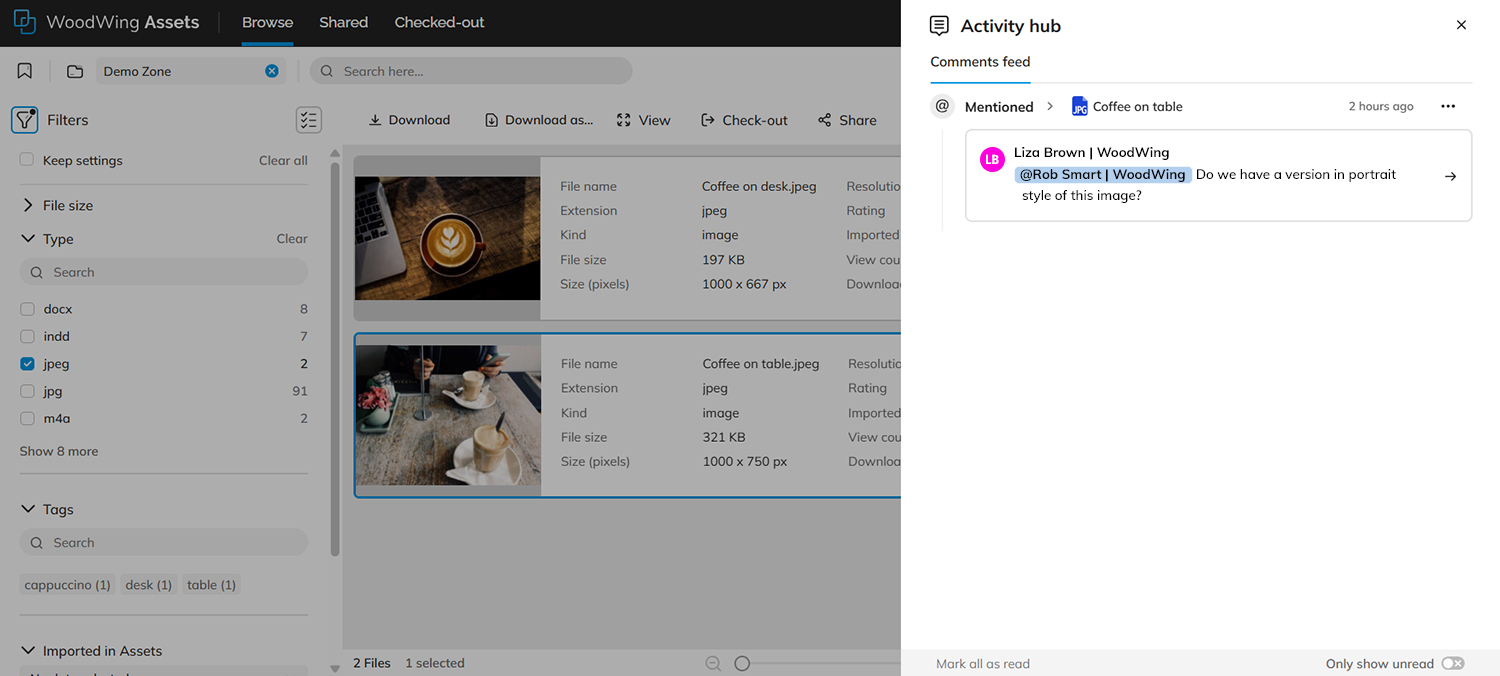 The Comments feed in the Activity hub