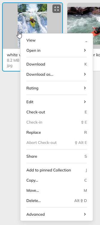 The keyboard shortcuts for a file can be seen in the context menu of a file