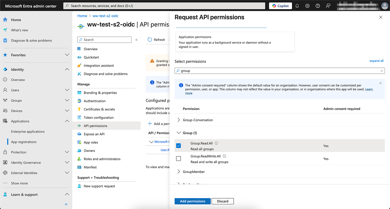 The API permissions panel