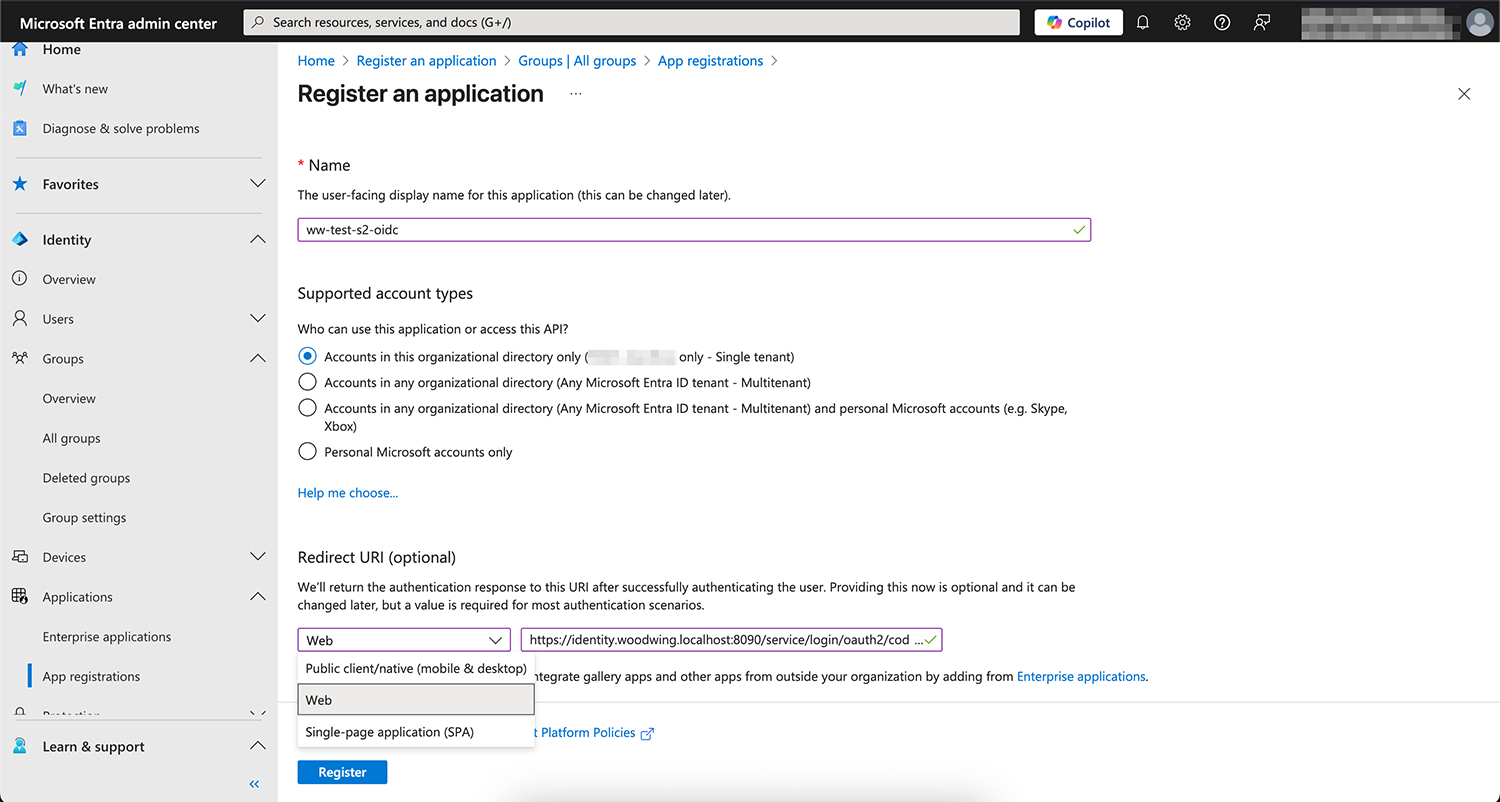 The Register an application page