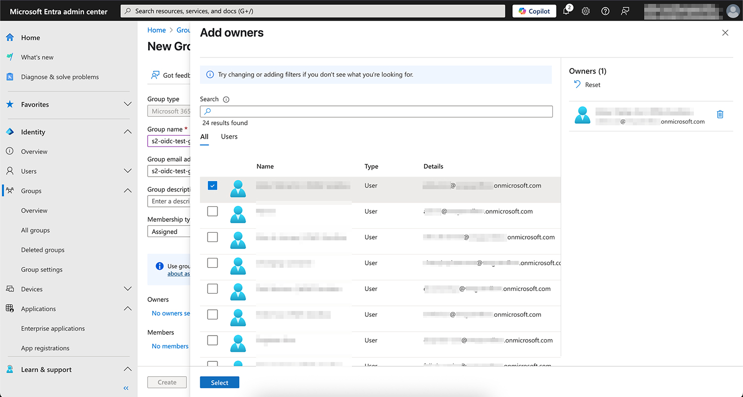 The Add owners panel