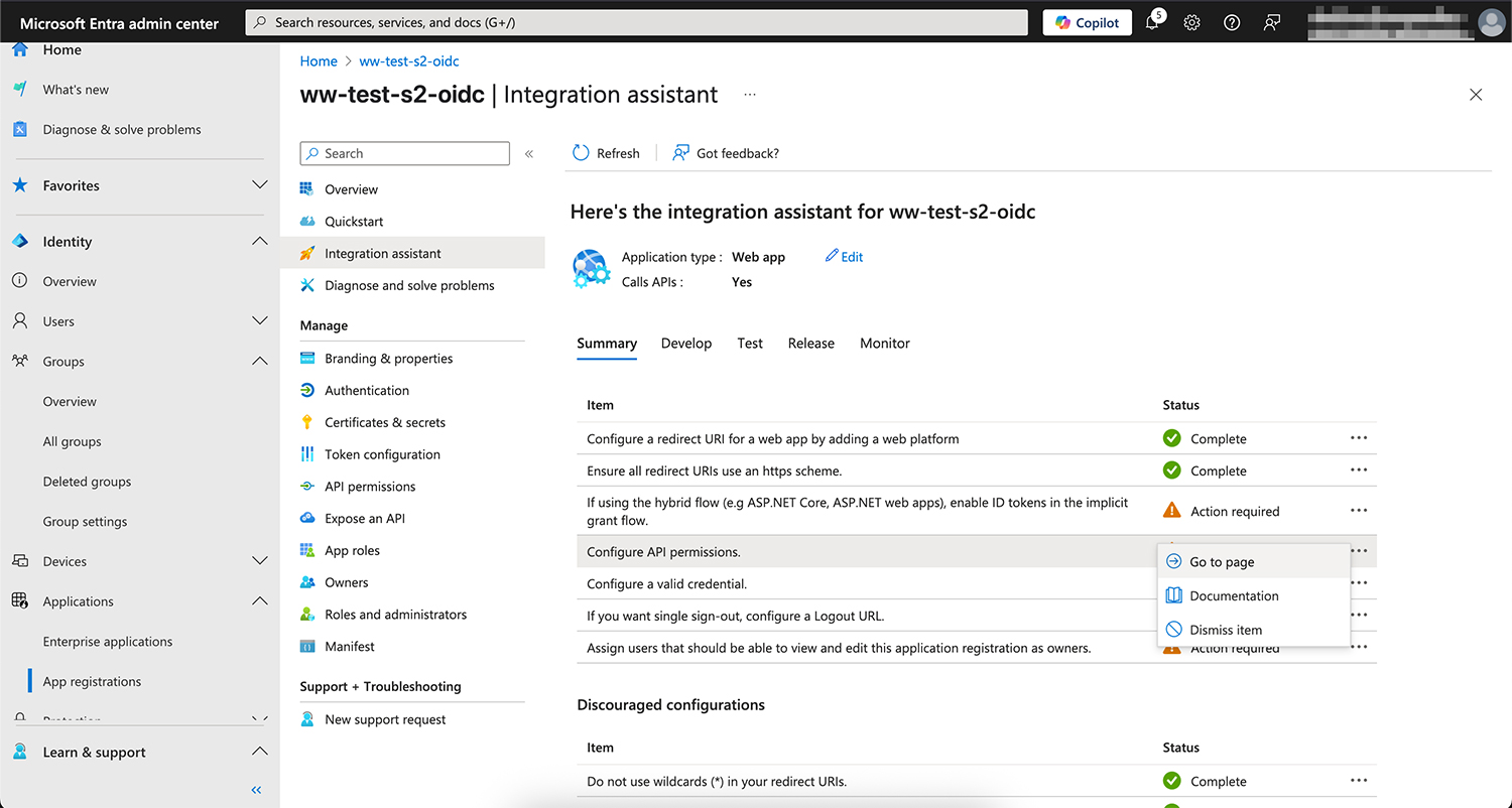 The Configure API permissions on the Summary tab