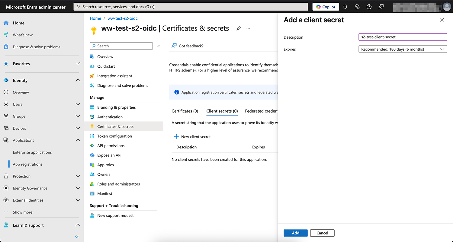 Add a client secret panel