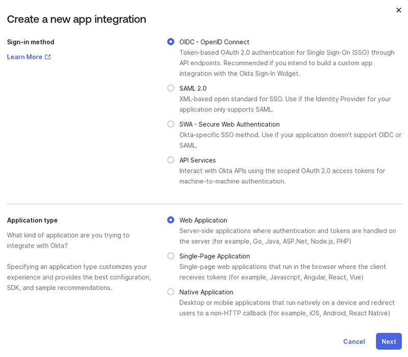The Create a new app integration dialog
