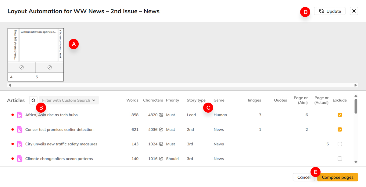 The components of the Create Pages dialog