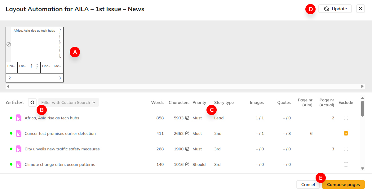 The components of the Create Pages dialog