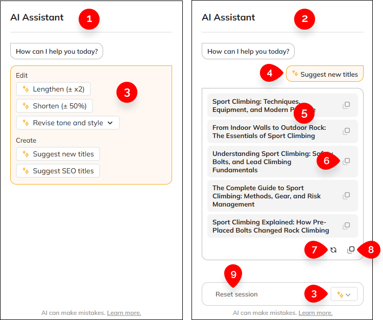 The components of the AI Assistant panel