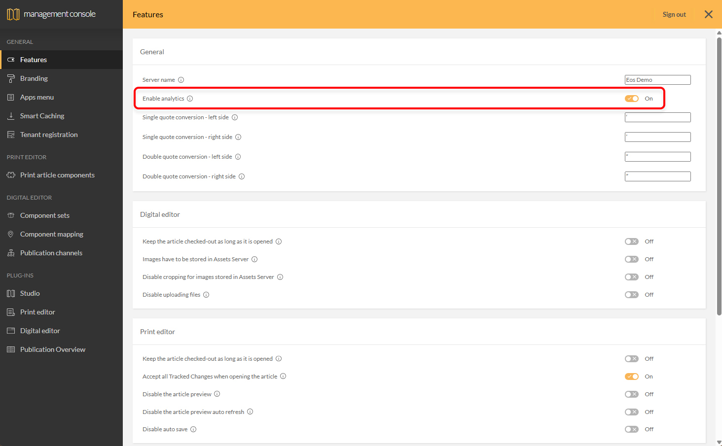 The Studio features page in the Management Console
